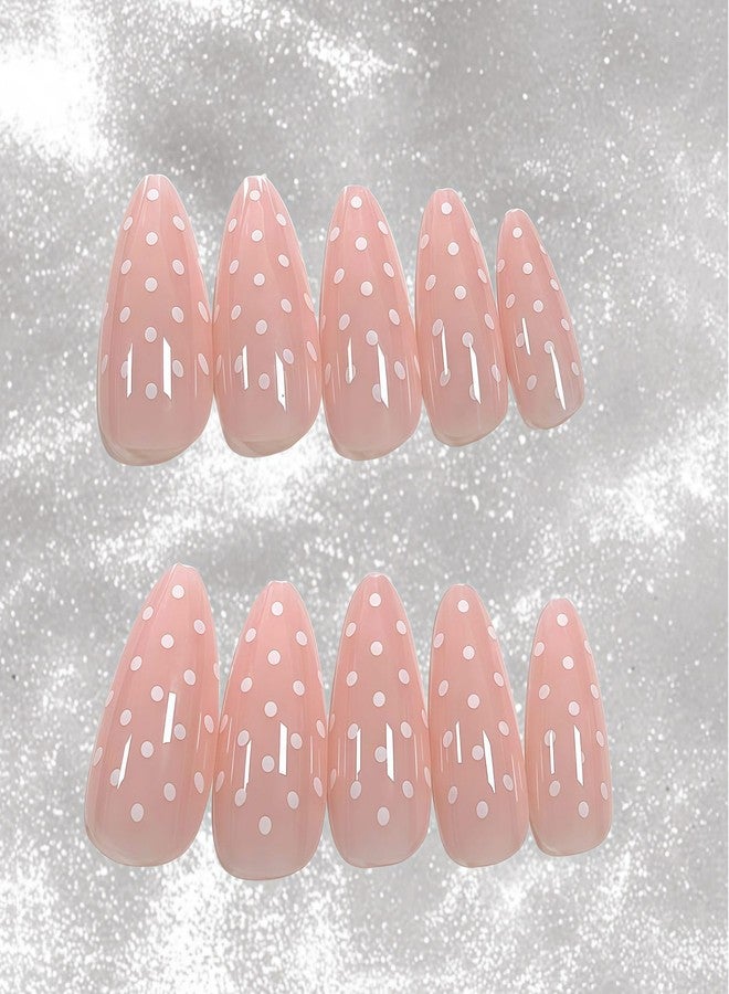 OSTTMA 24Pcs Polka Dot Press on Nails Medium Almond Fake Nail Glossy Nude False Nails Press ons with White Dots Designs Full Cover Glue on Nail for Women Manicure Tips Reusable Artificial Nails Kit - Image 2